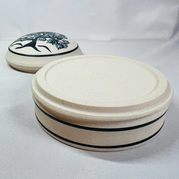 Tree of Life Lidded Trinket Box Vintage Hand Painted Ceramic Cobalt Blue Signed - Picture 5 of 12